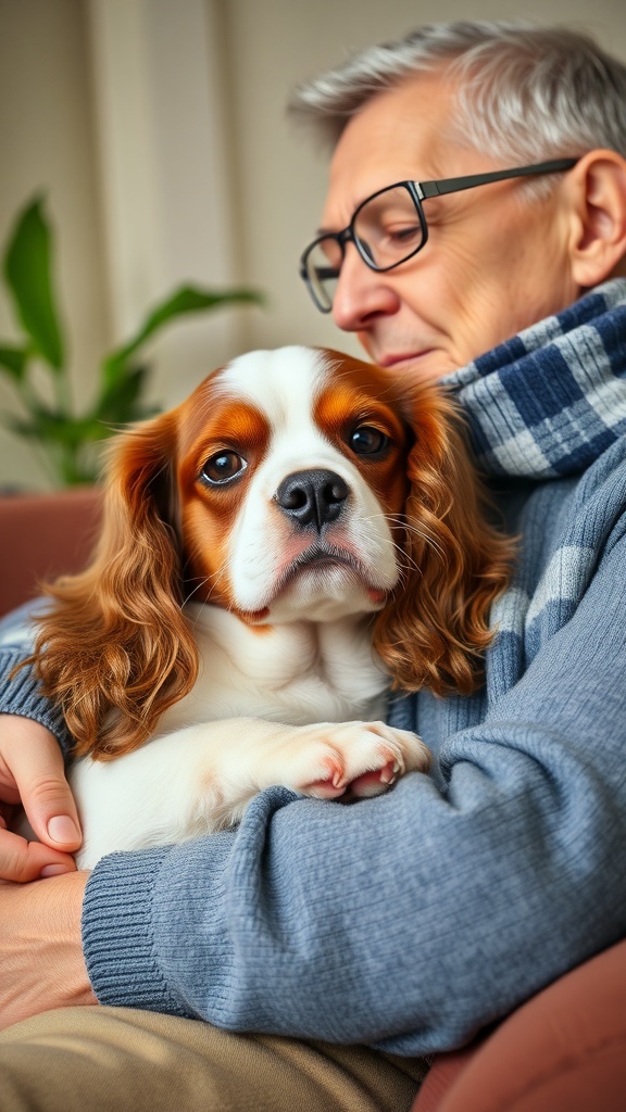 A Cavalier King Charles Spaniel being held by an older man, both looking content and relaxed.