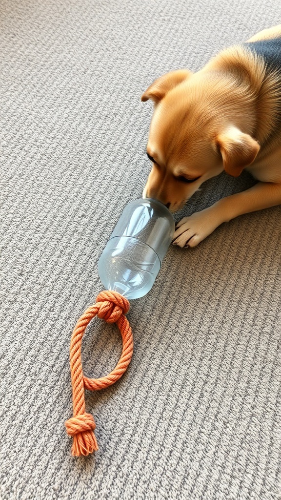 A dog inspecting a DIY toy made from a rope and a plastic bottle.