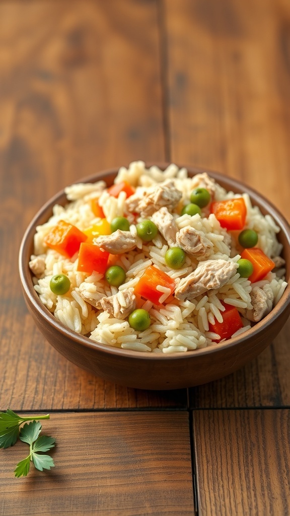 A bowl of chicken and rice with vegetables for puppies