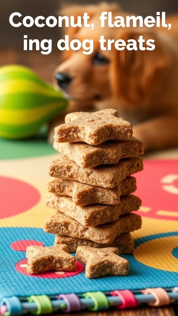 A stack of coconut and flaxseed dog treats on a colorful mat with a dog in the background.