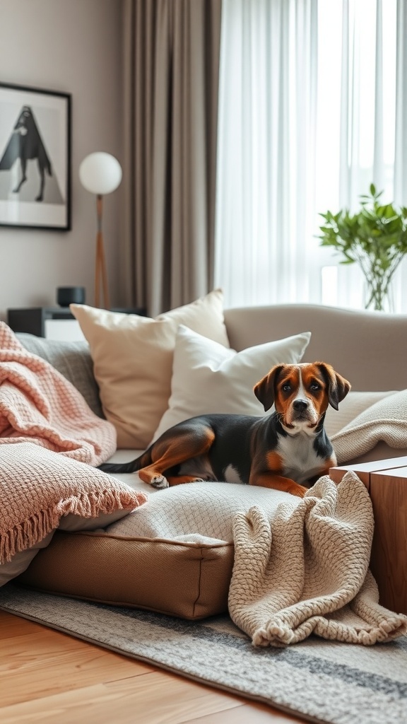 A cozy living room with a dog resting on a plush bed surrounded by pillows and blankets.