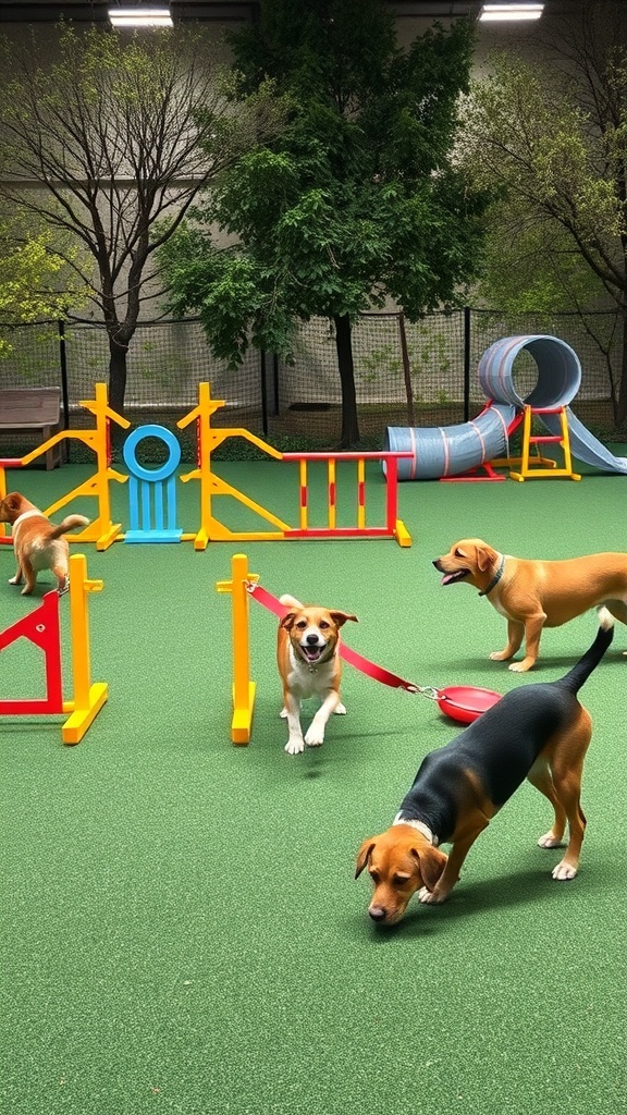 A colorful DIY dog run with agility equipment and several dogs playing.