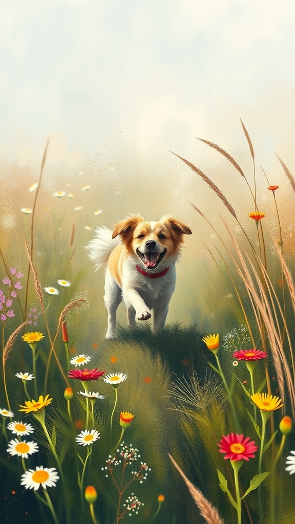 A happy dog running through a field of colorful flowers.
