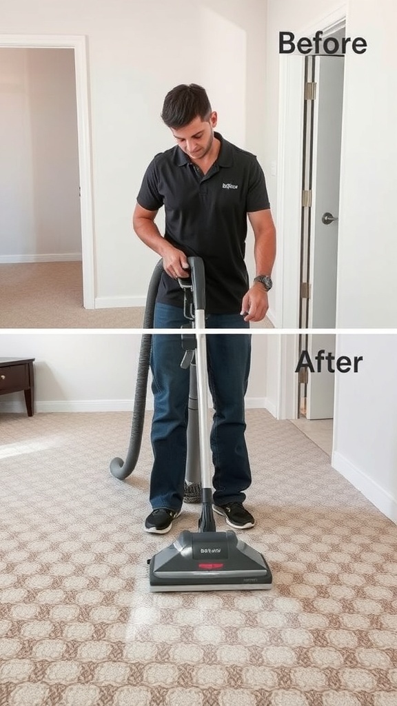 A professional cleaner using a vacuum on a carpet, showing before and after results of cleaning dog urine.
