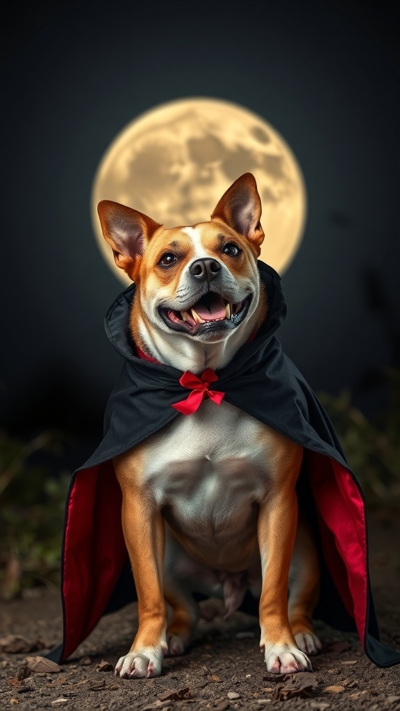 A dog wearing a vampire costume with a black cape and red lining, sitting under a full moon.