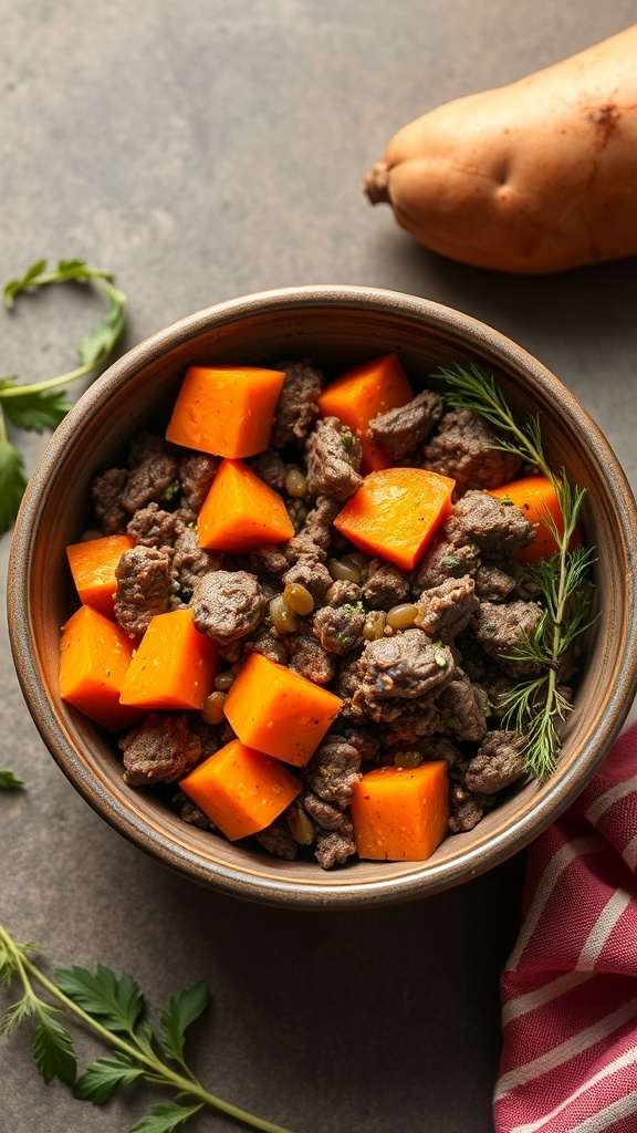 A bowl of beef and sweet potato medley for dogs, featuring chunks of beef and sweet potatoes.