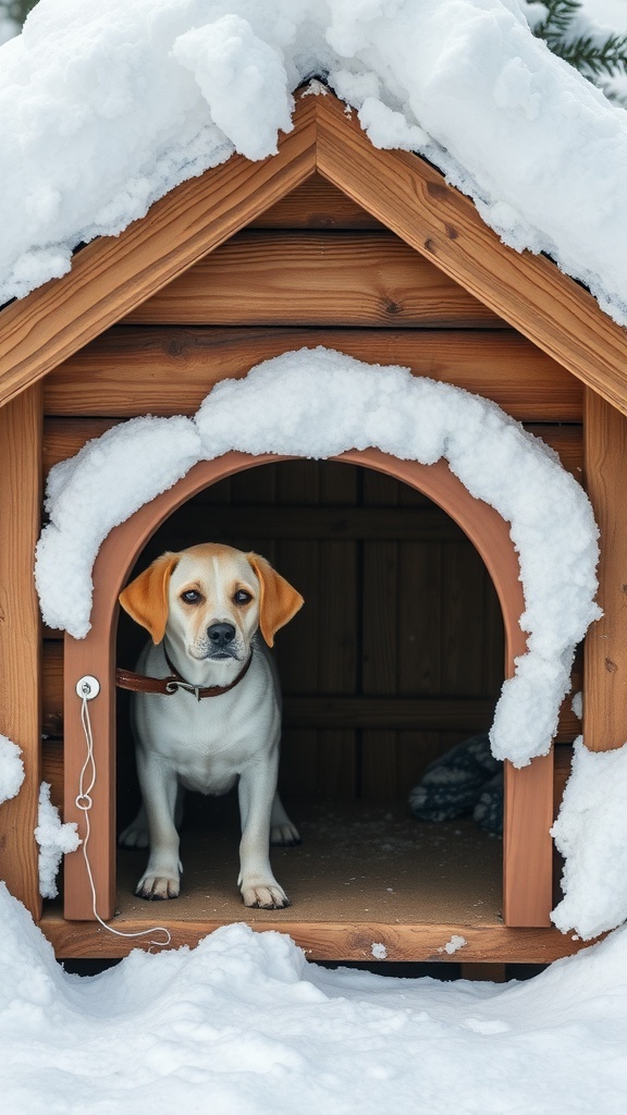 A dog looking out from a wooden insulated dog house covered in snow.