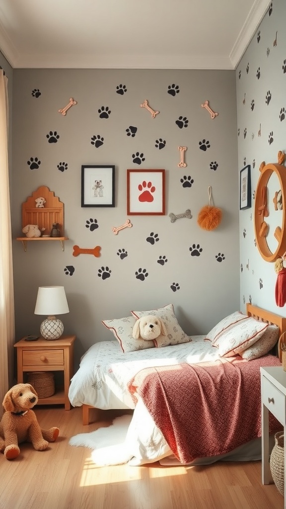 A cozy dog-themed bedroom with paw print and bone decals on the walls, a soft bed with a warm blanket, and stuffed dog toys.