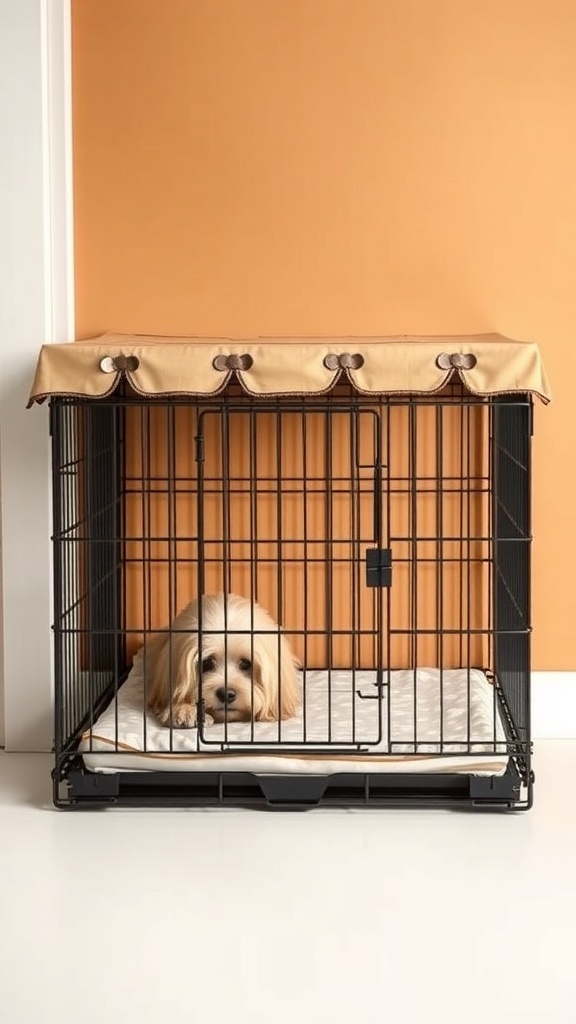 A dog crate with a beige canopy and a dog lying inside.