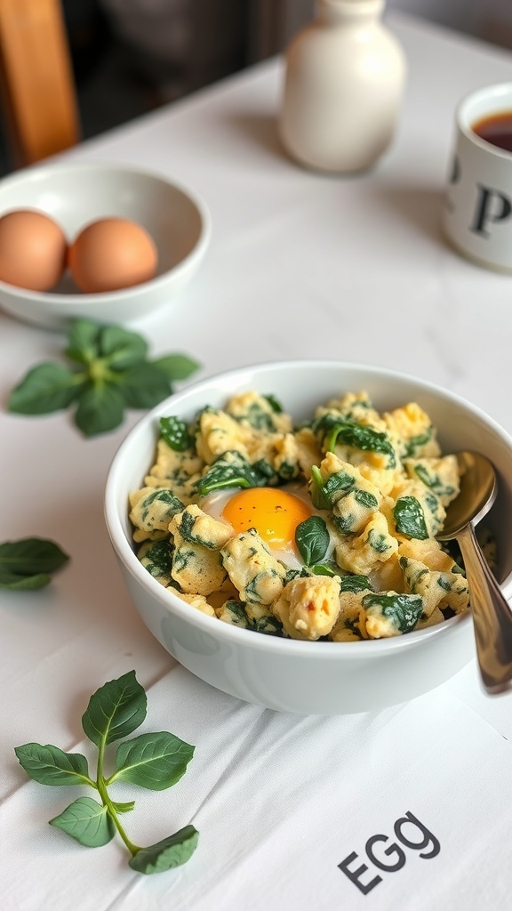 A bowl of egg and spinach breakfast scramble with a bright yellow yolk on top, surrounded by fresh spinach leaves and eggs in the background.