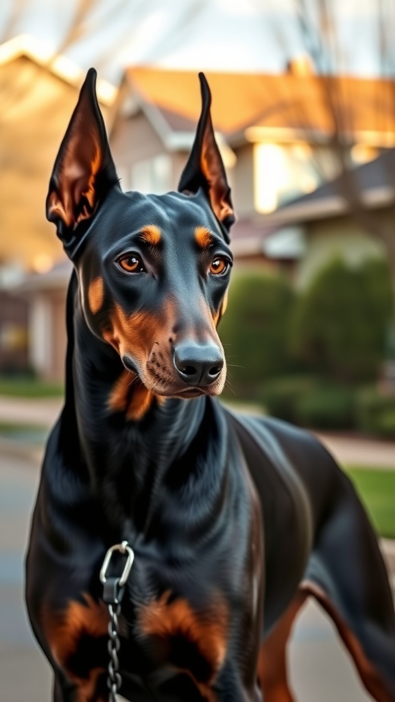 A Doberman Pinscher standing alert with a shiny coat and focused expression.