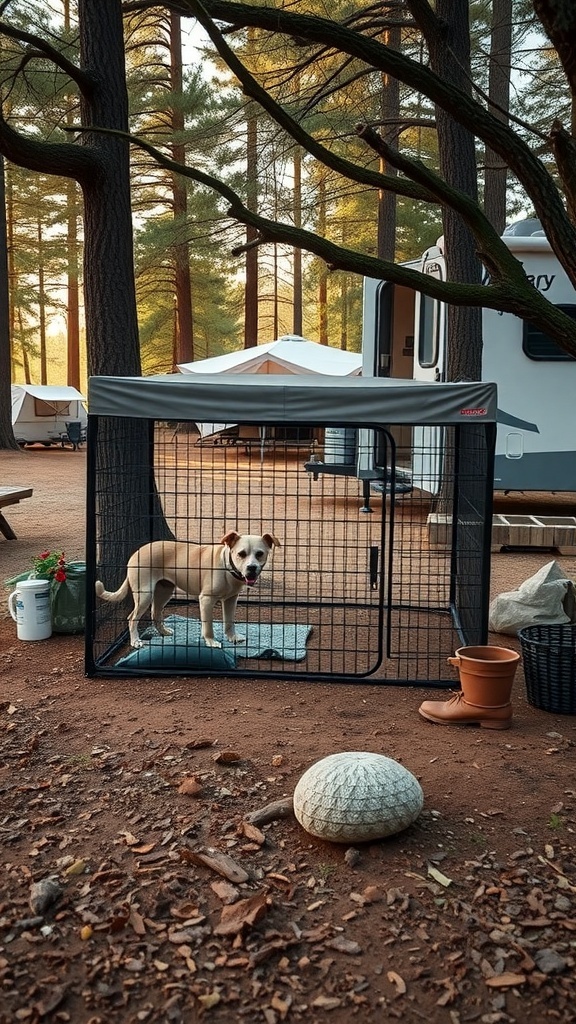 A portable dog run set up in a camping area with a dog inside, surrounded by trees and tents.