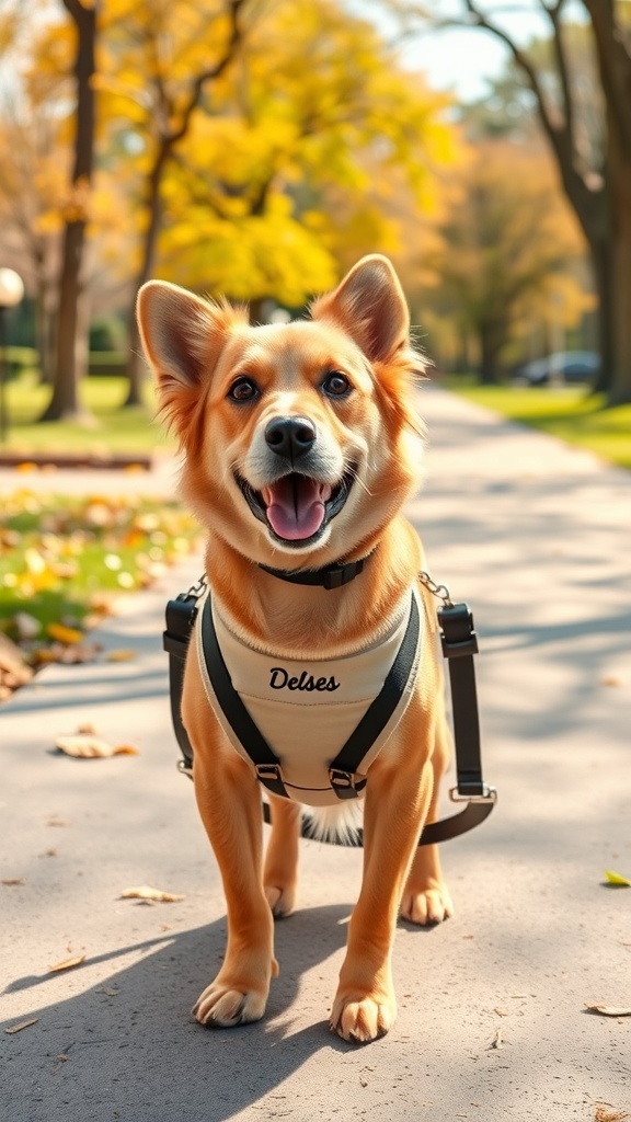 A happy dog wearing a personalized harness, standing on a path surrounded by autumn leaves.