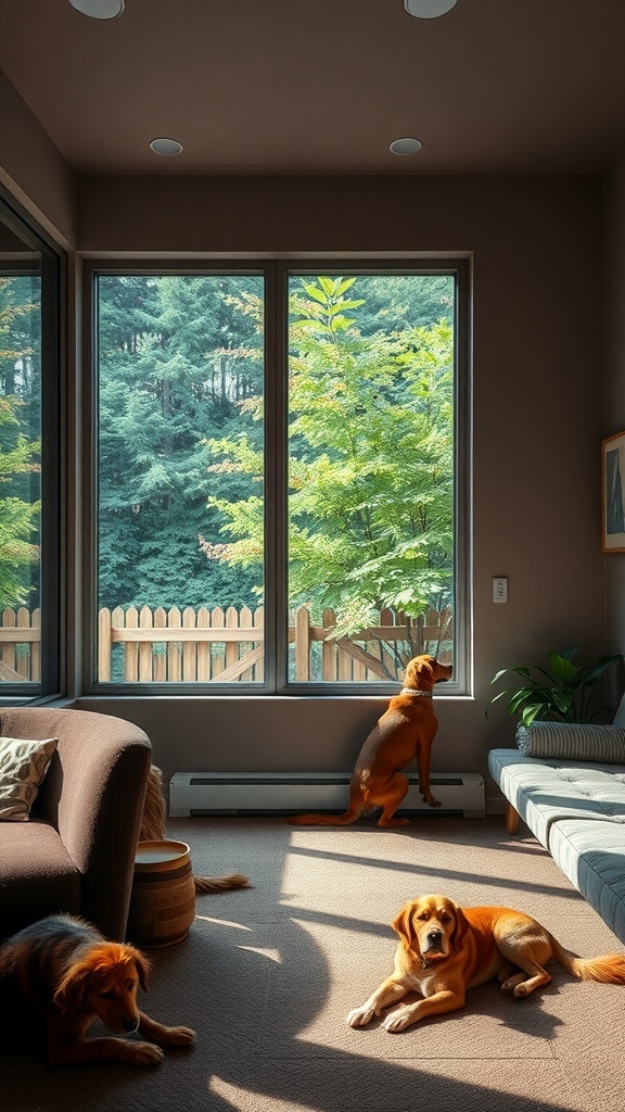 A cozy room with large windows showing trees outside, featuring two dogs relaxing on the floor and one looking out the window.