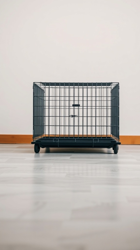 A DIY dog crate with wheels for easy mobility.