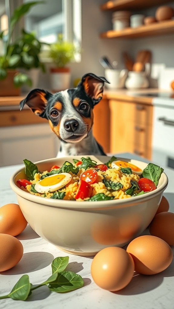 A bowl of egg and spinach scramble with cherry tomatoes, surrounded by fresh eggs in a cozy kitchen setting.