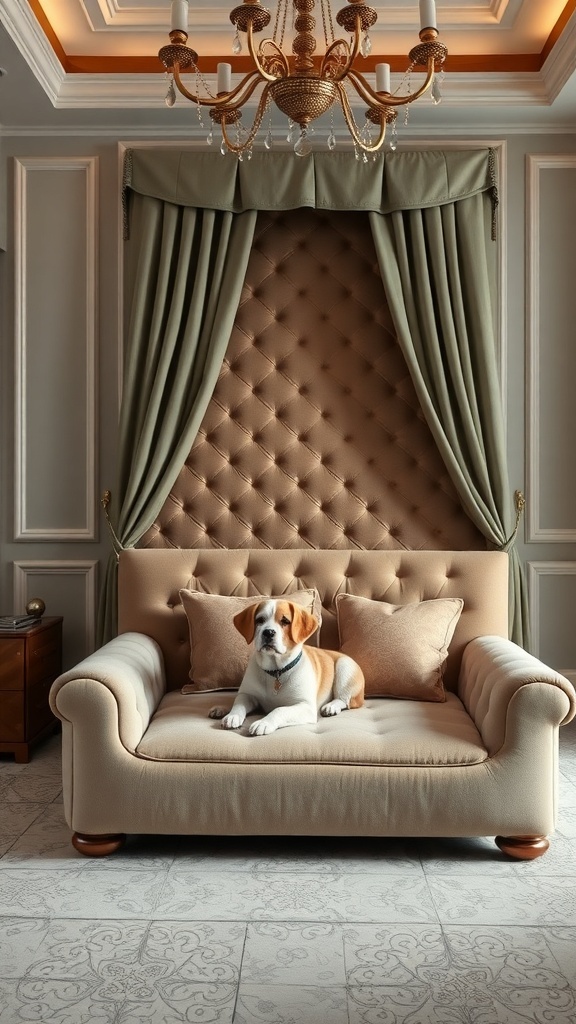 A stylish dog bed in a luxurious setting with a dog lounging on it.