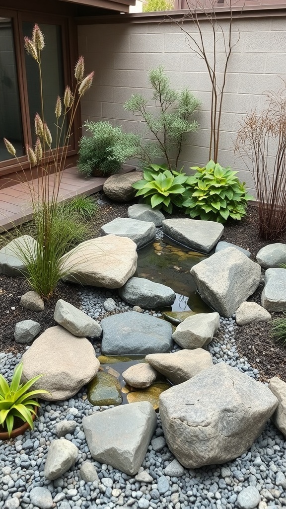 A peaceful Zen garden featuring smooth stones, greenery, and a small stream.