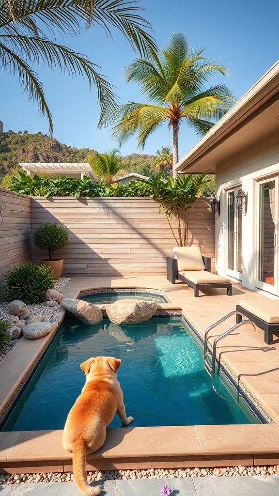 A dog sitting by a small pool in a luxurious outdoor space surrounded by plants.