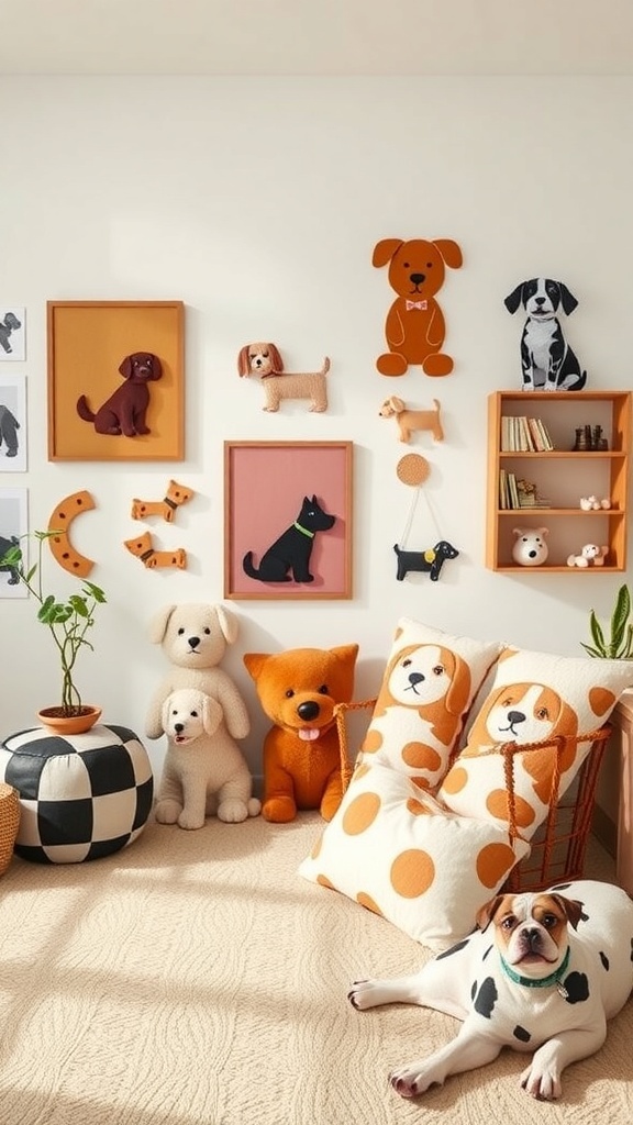 A cozy dog-themed room with colorful dog art, plush toys, and a real dog lounging on the floor.