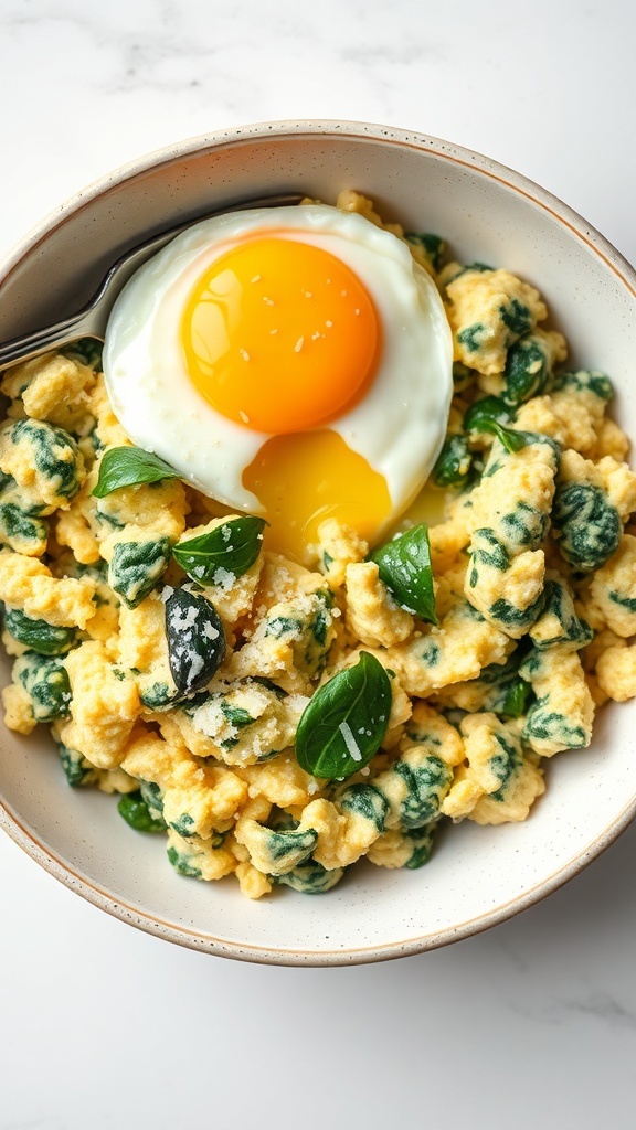 A bowl of egg and spinach scramble topped with a sunny-side-up egg