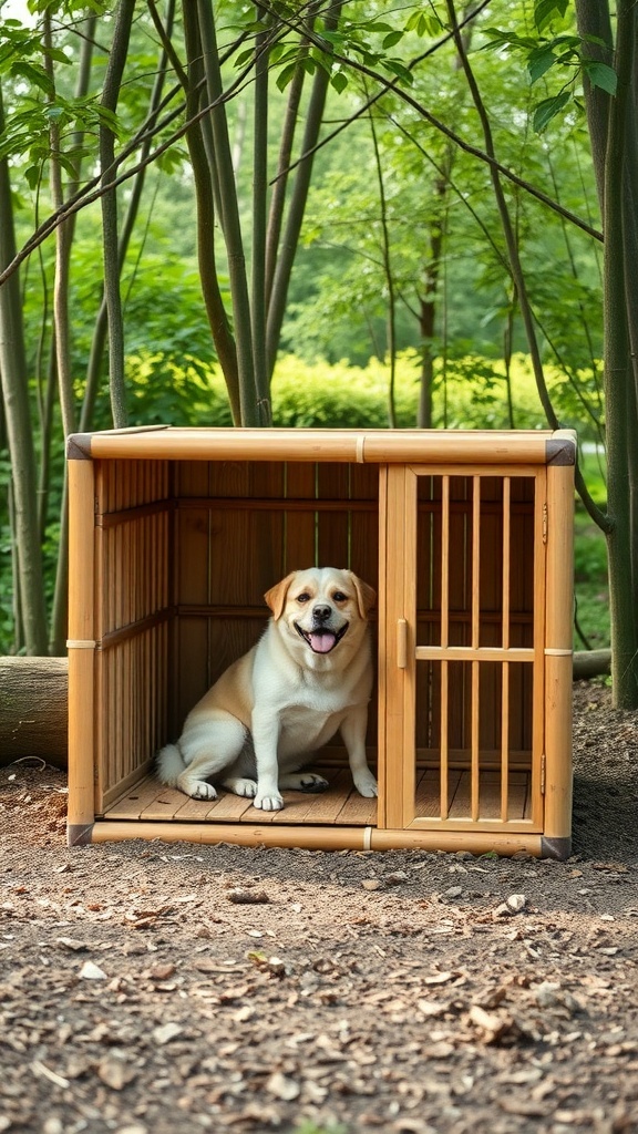 A happy dog sitting inside a bamboo crate in a forest setting.