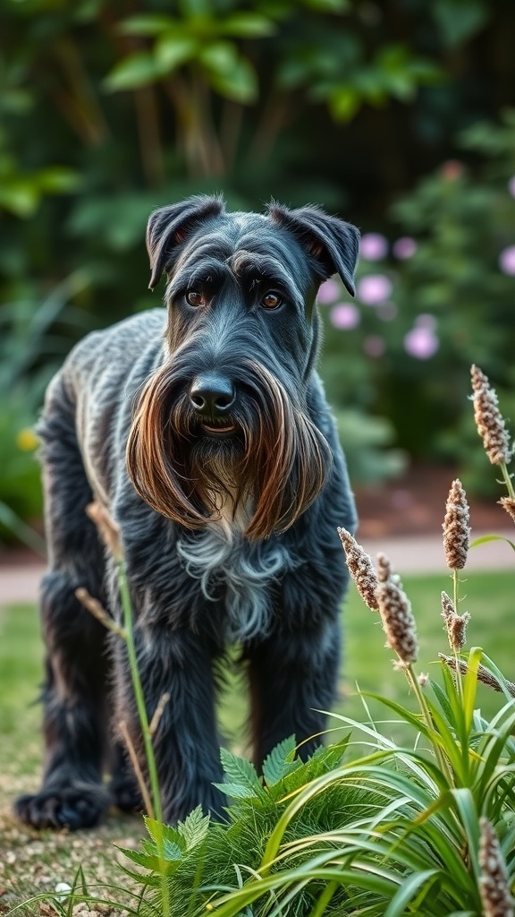 A Giant Schnauzer standing in a garden, showcasing its strong build and alert expression.