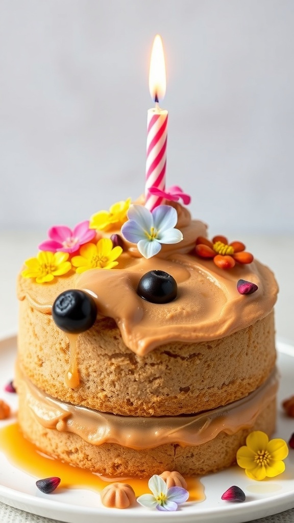 A dog birthday cake decorated with flowers and a candle, featuring a playful dog face on top.