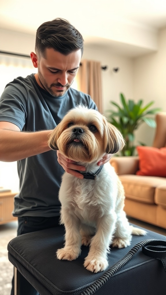 A Shih Tzu being groomed by its owner in a cozy living room