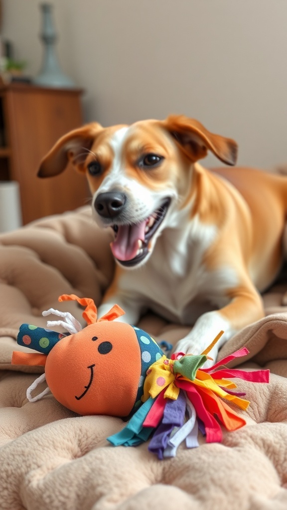 A happy dog playing with a colorful squeaky toy made from fabric scraps.