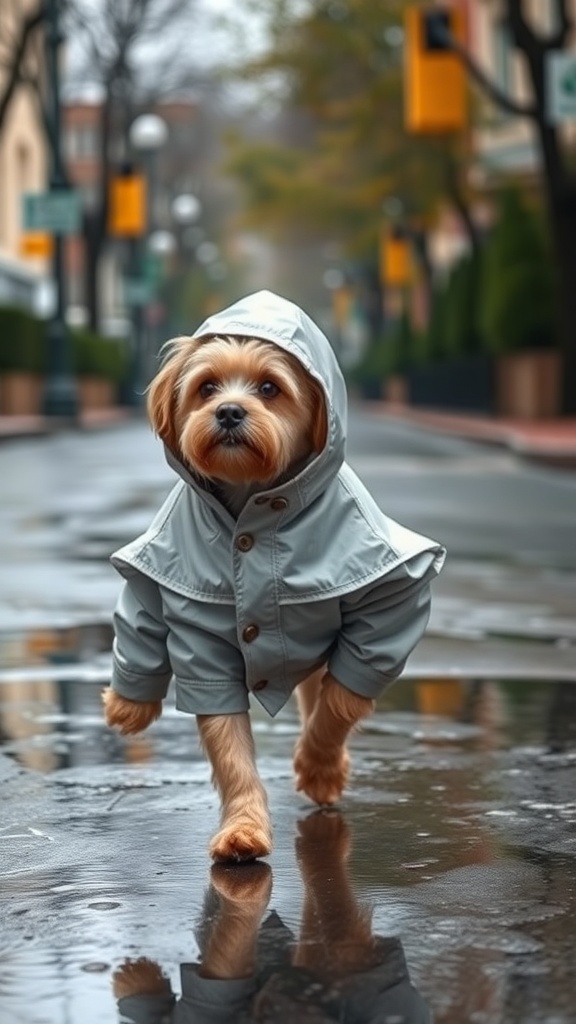 A small dog wearing a light gray raincoat with a hood, walking on a wet street.