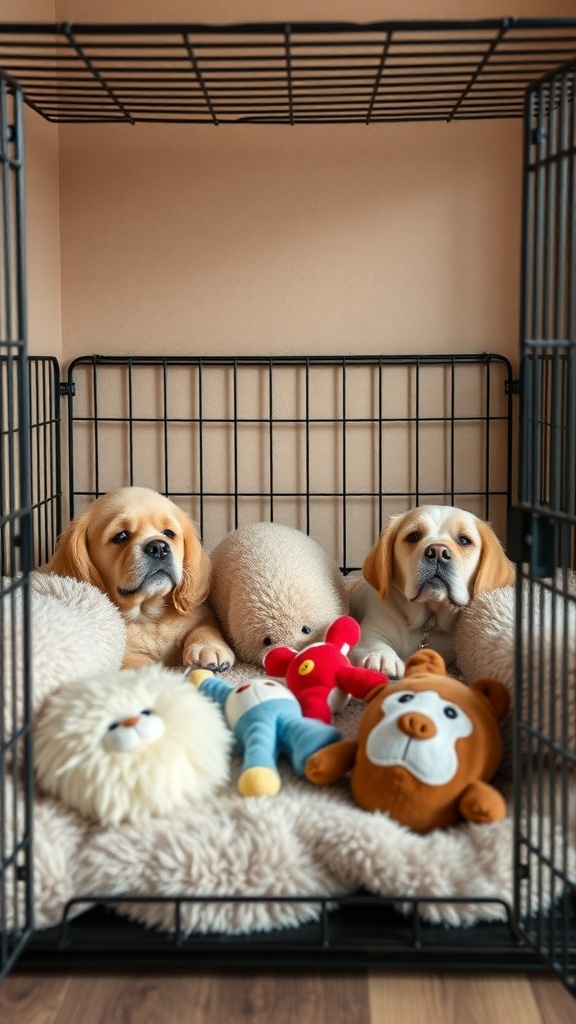 Two dogs resting inside a cozy crate filled with plush toys and a soft bed.