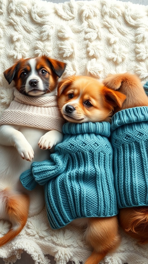 Three dogs in cozy knit sweaters, snuggled together on a soft blanket.
