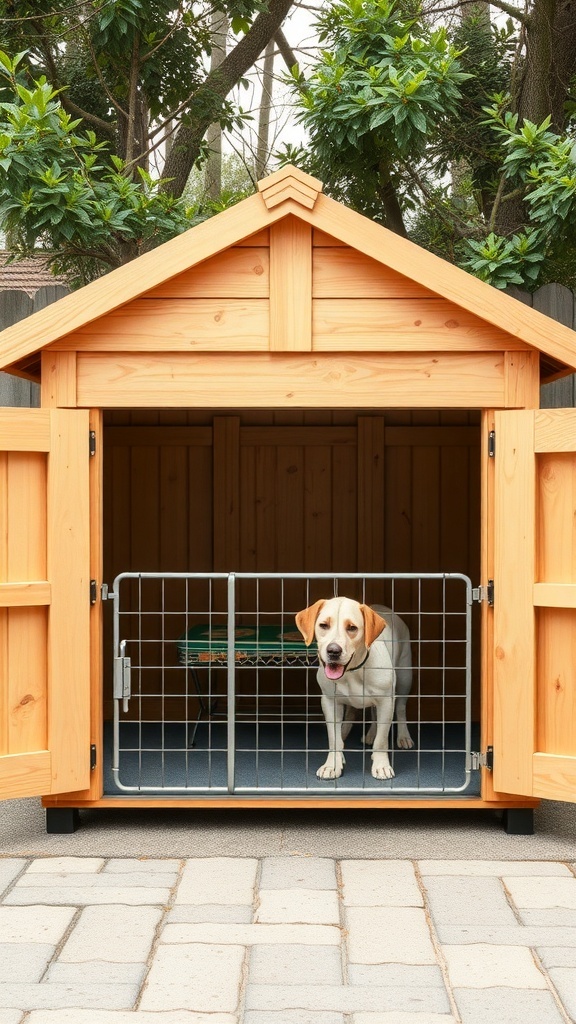 A wooden dog house with an integrated kennel, featuring a dog standing inside.