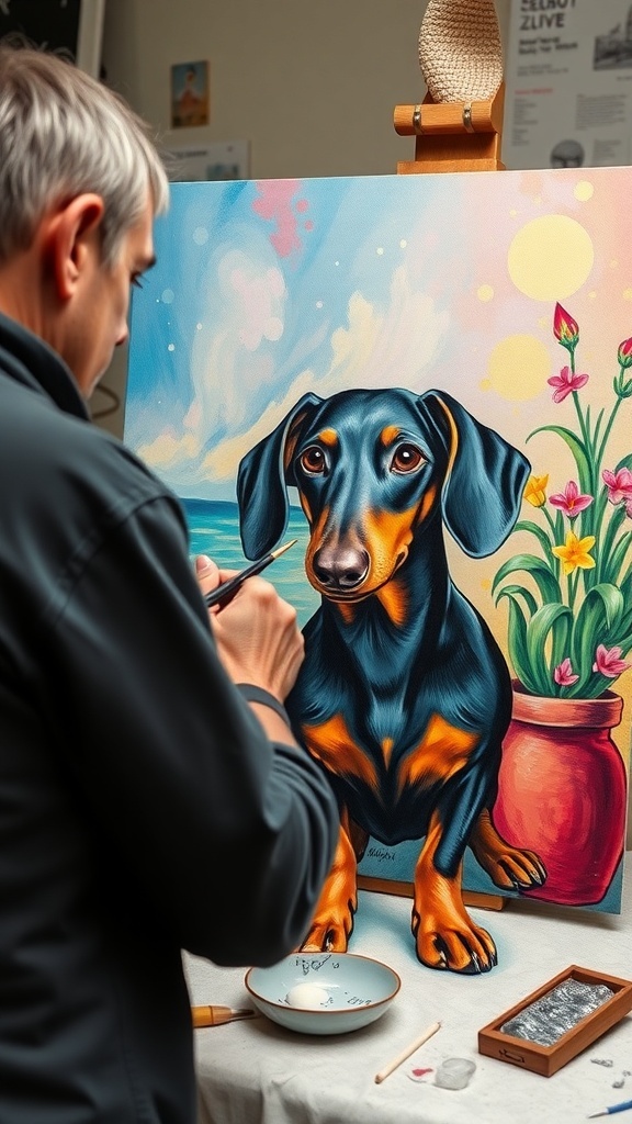 An artist painting a colorful portrait of a dog, with flowers and a bright background.