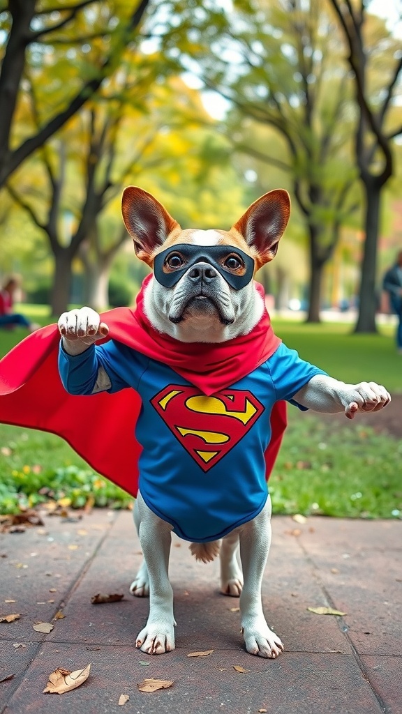 A dog dressed as a superhero with a blue costume and red cape standing in a park