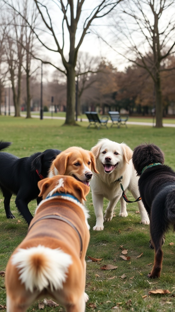 A group of dogs in a park interacting with each other while their owners watch.