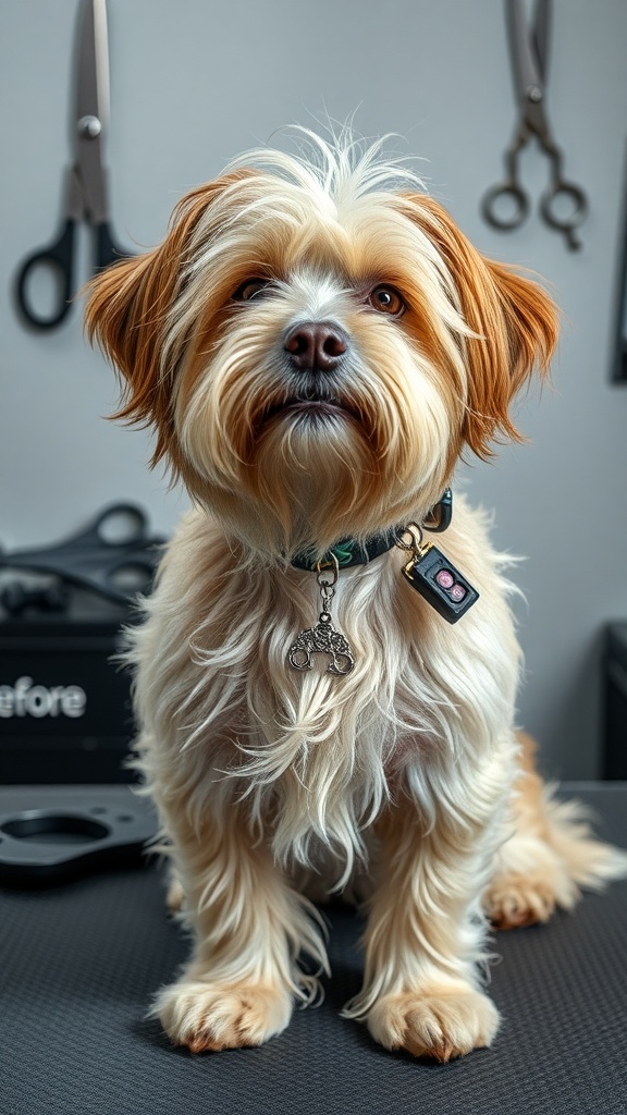 A shaggy dog sitting on a grooming table, looking ready for a haircut, with grooming tools in the background.