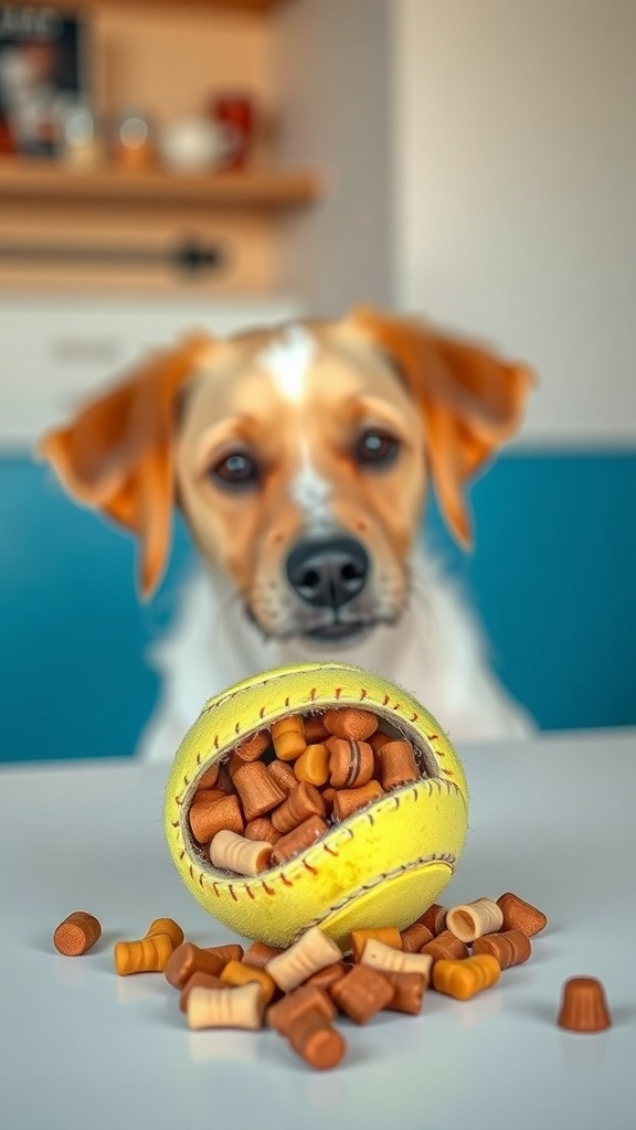 A dog looking at a tennis ball filled with treats, with some treats scattered around.