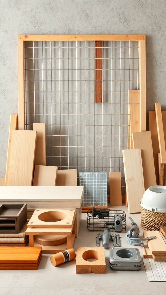 A collection of wooden materials and tools for building a DIY dog crate.