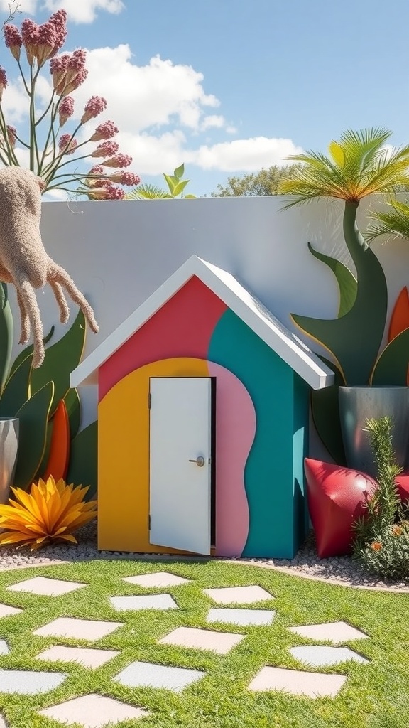 A colorful abstract dog house with teal, pink, and yellow panels, surrounded by vibrant plants and cushions.