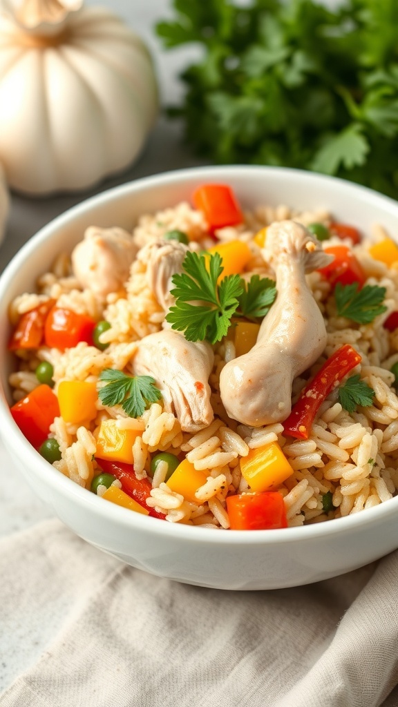 A bowl of homemade chicken and rice dog food with colorful vegetables.