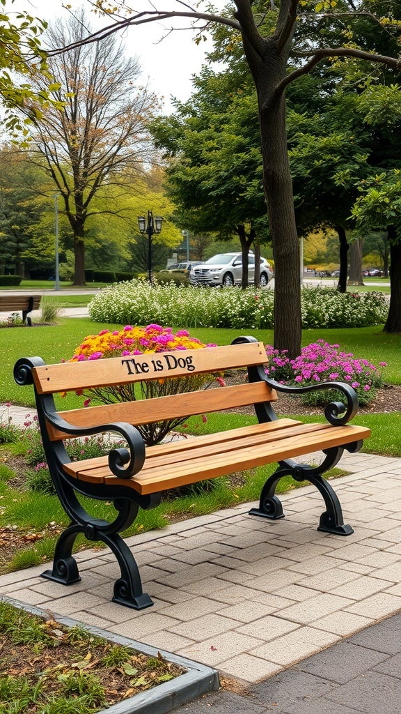A memorial bench in a park with flowers around it, engraved with 'The is Dog'.