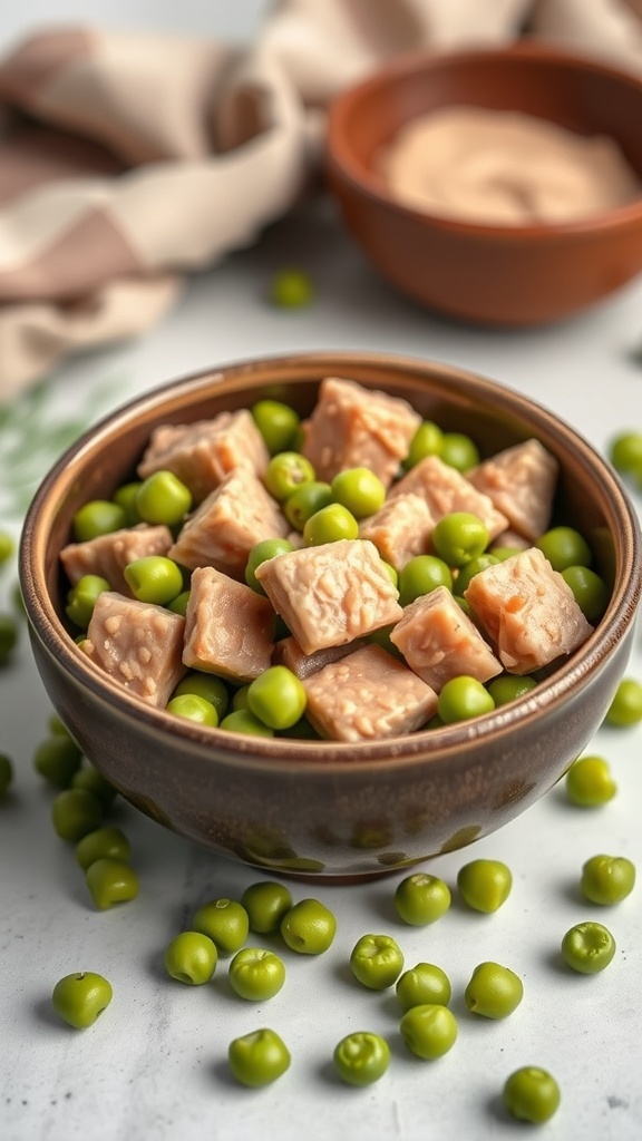 A dog peeking out from a bowl filled with treats and sweet peas.