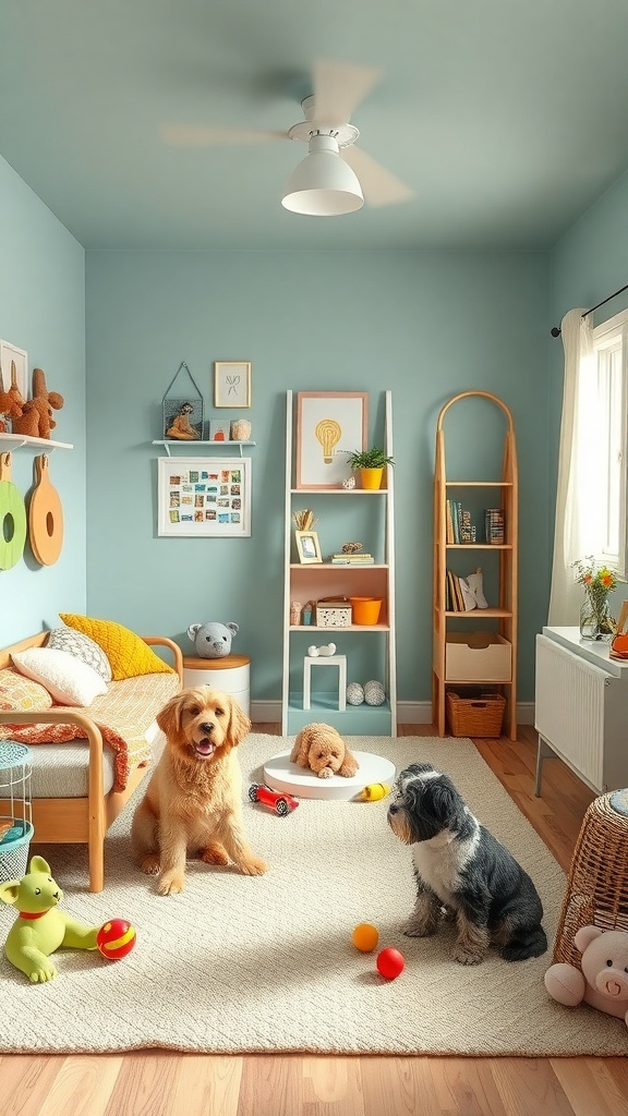 A cozy dog bedroom with two dogs playing, colorful toys, and light blue walls.