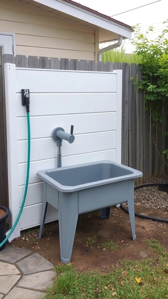 Compact outdoor dog washing station with a plastic tub and hose