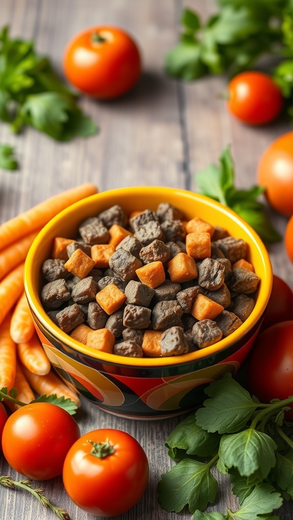 A bowl of homemade dry dog food with beef and sweet potato, surrounded by fresh vegetables.