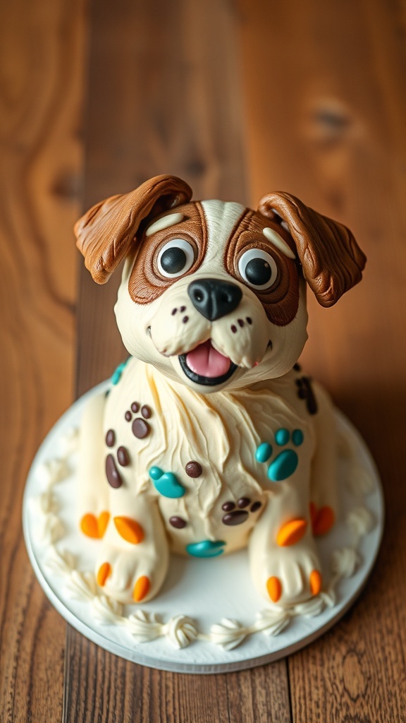 A cute dog-shaped cake with colorful paw prints on it.