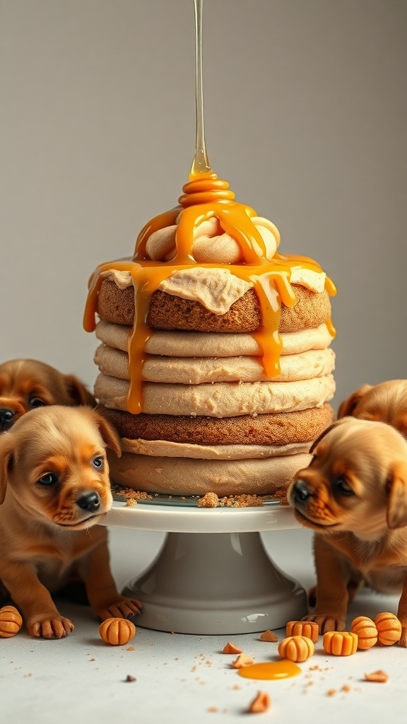 A delicious peanut butter and honey layer cake with puppies around it