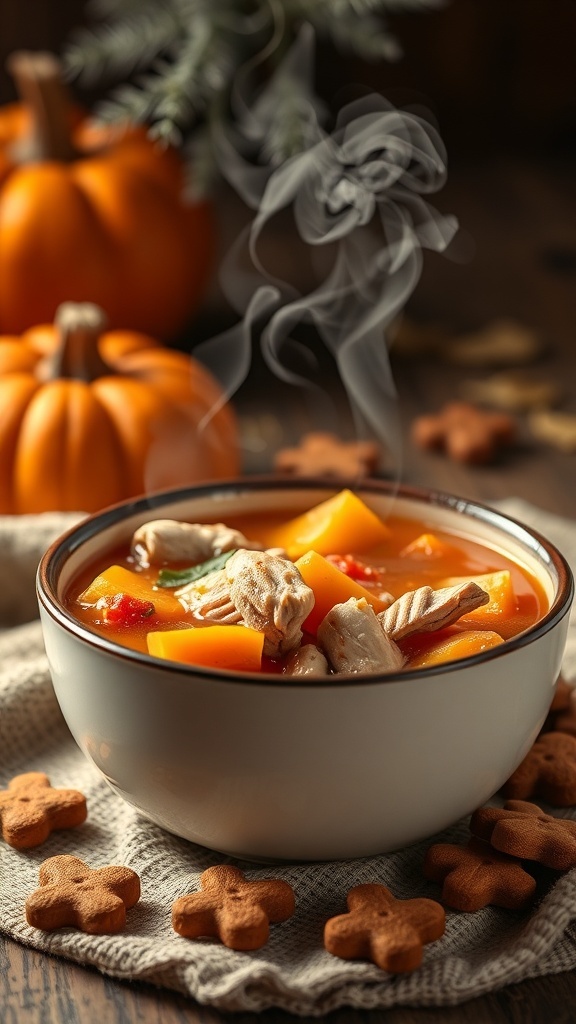 A steaming bowl of turkey and pumpkin stew with pumpkins in the background